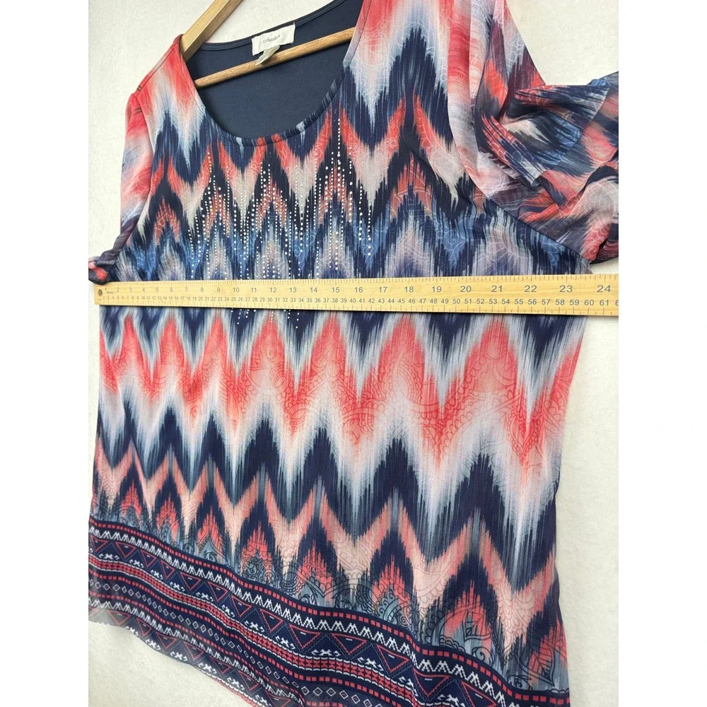 CJ Banks Mesh Blouse Womens 1X Chevron Rhinestone Short Sleeve Boho Eclectic